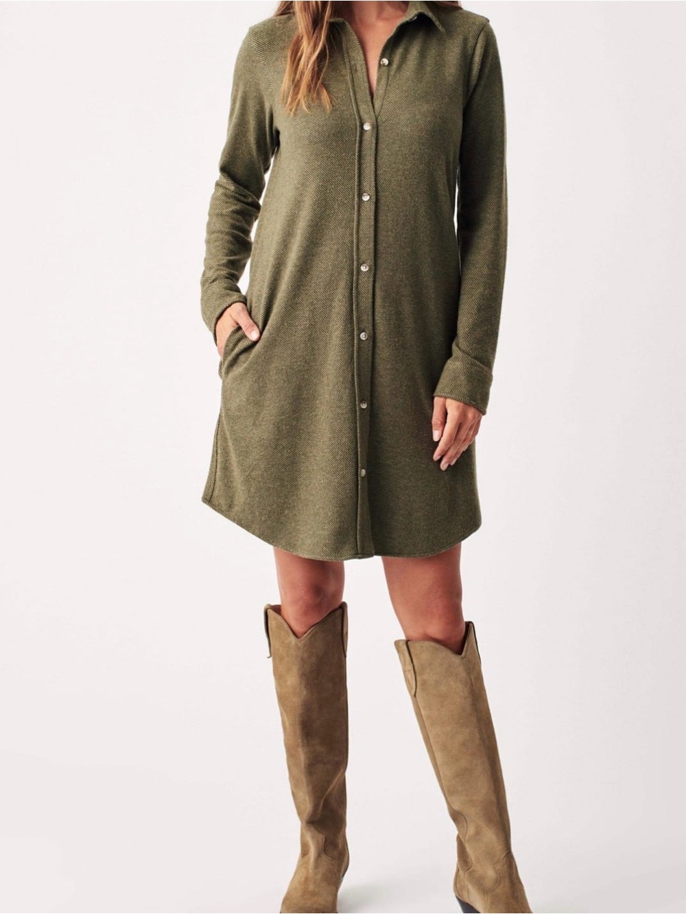 Faherty Olive Long-Sleeve Button Shirt Dress